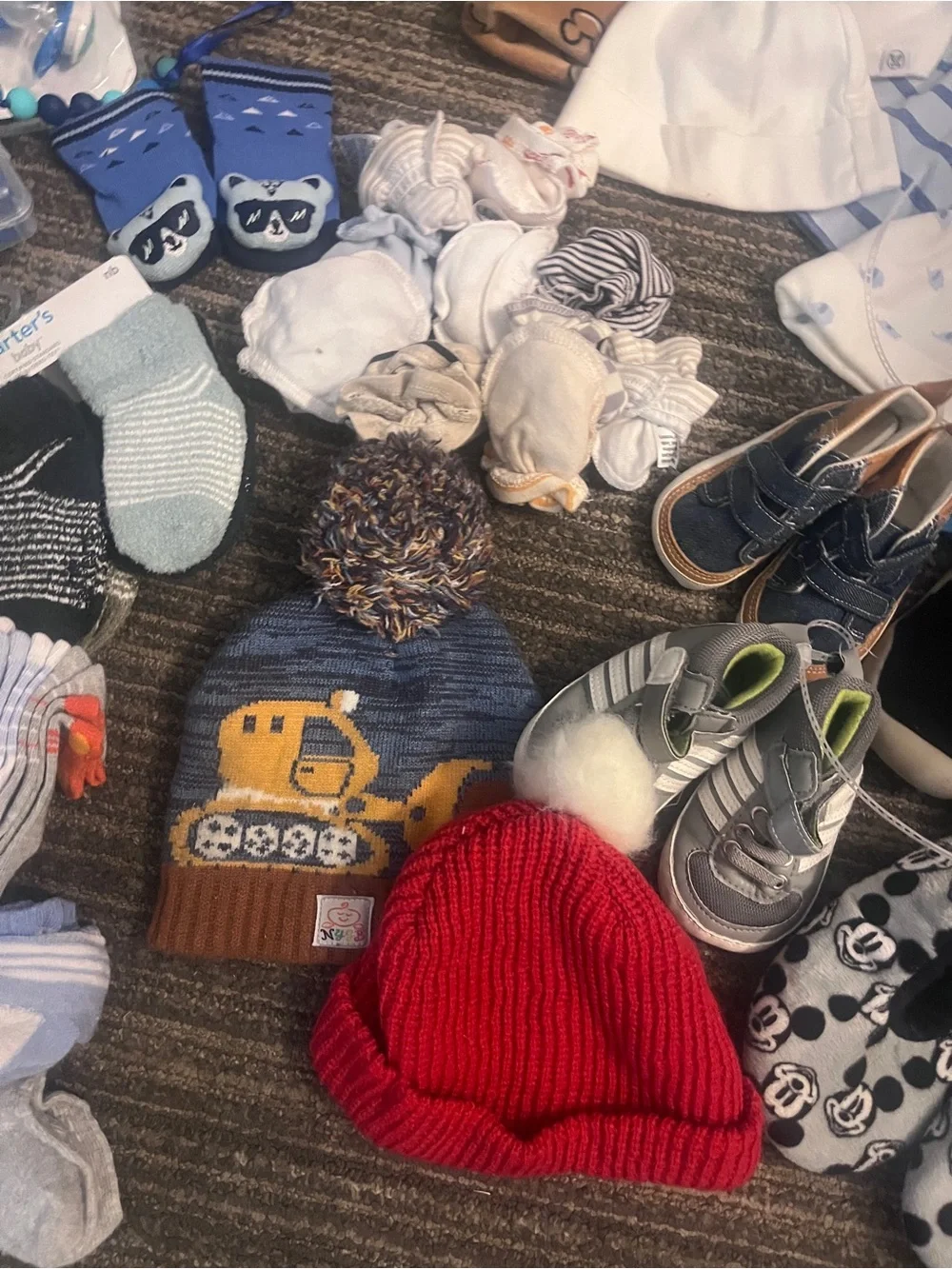 70pc bundled lot of newborn to 12 months boys socks, beanies, caps and shoes
